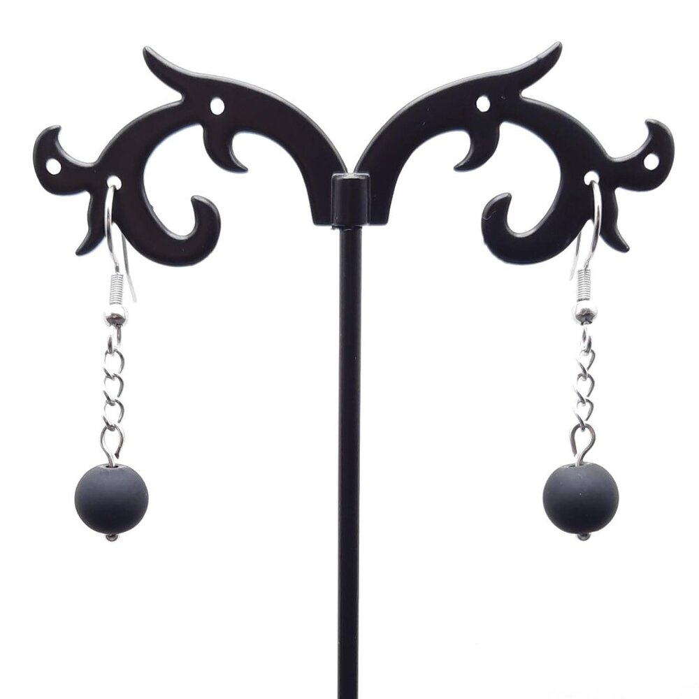 Matte Black Minimalist Dangle Drop Goth Beaded Chain Earrings Handmade Jewelry - Picture 5 of 7